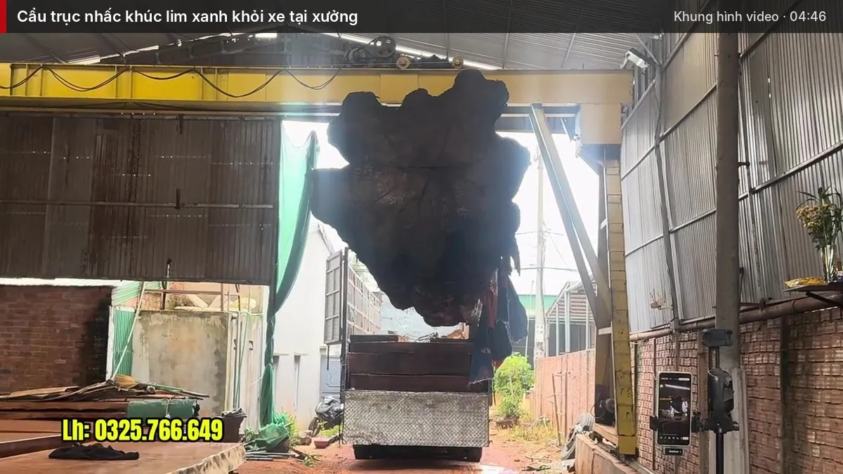 Cẩu trục nhấc khúc lim xanh khỏi xe tại xưởng